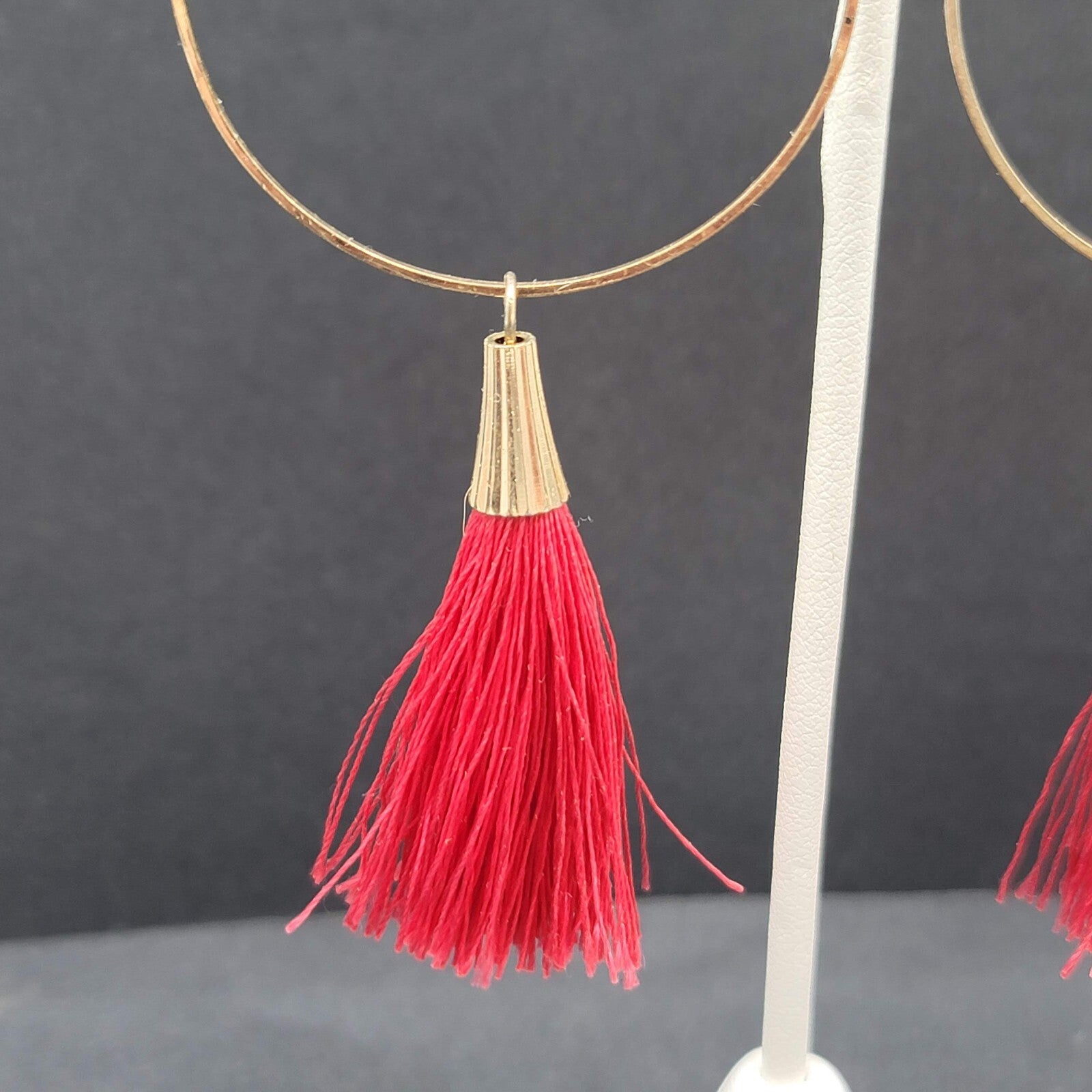 Pierced Earrings Gold tone Red Tassel Statement Dangle 3.5"