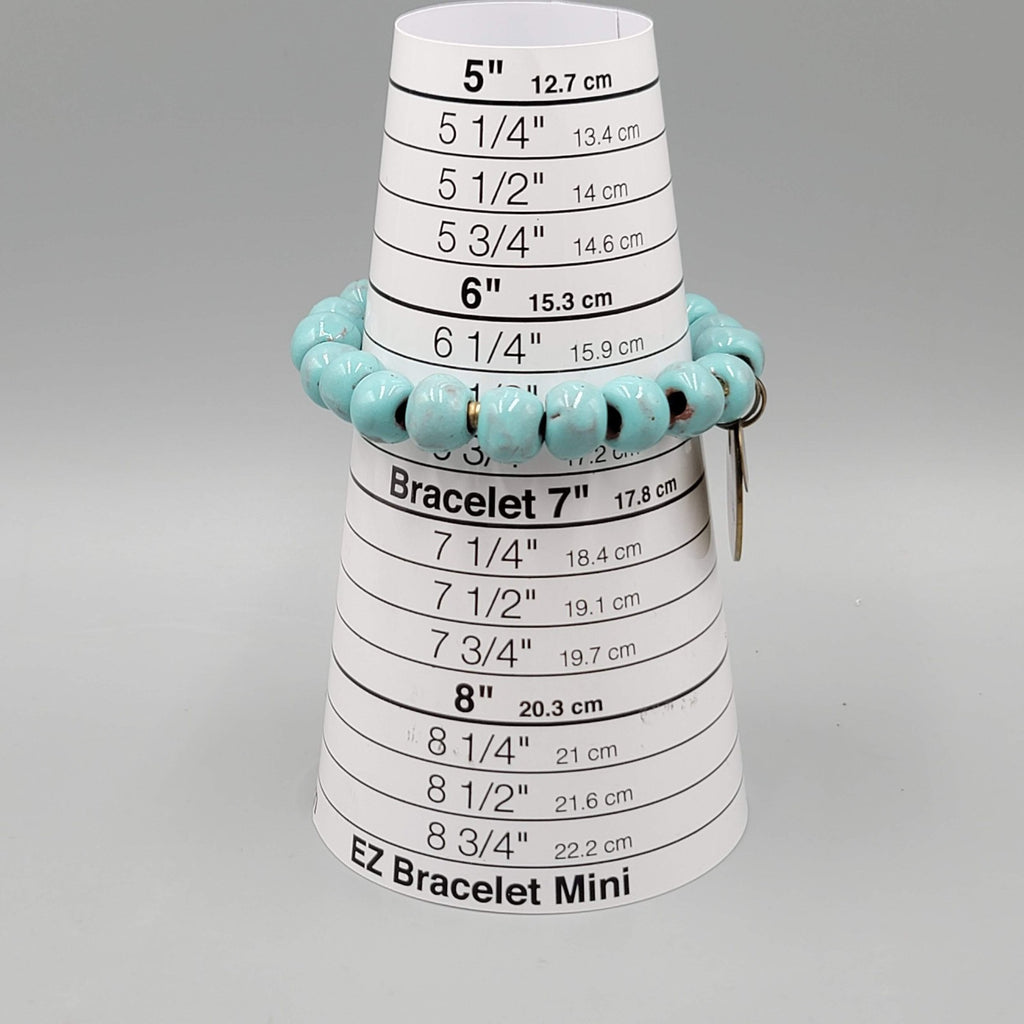Signed Blue Pottery Blue Bracelet Brass HUMBLE Charm 6.5" Elastic Stretch