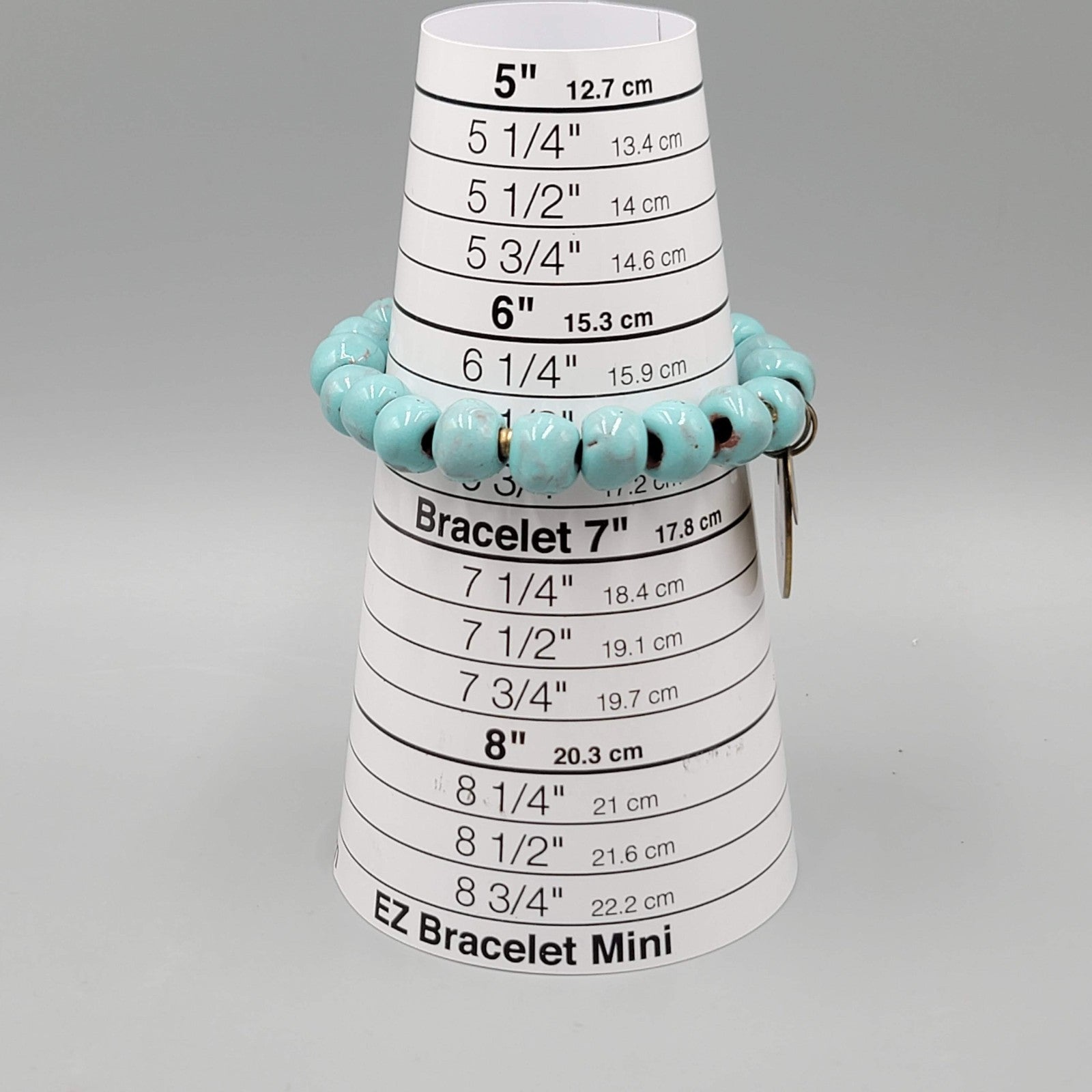 Signed Blue Pottery Blue Bracelet Brass HUMBLE Charm 6.5" Elastic Stretch