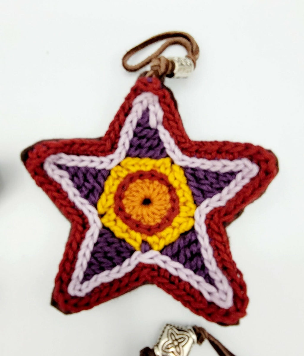 Crochet Knit Star Ornaments Lot of 4 Multi color Felt Back Leather hanger 4 in