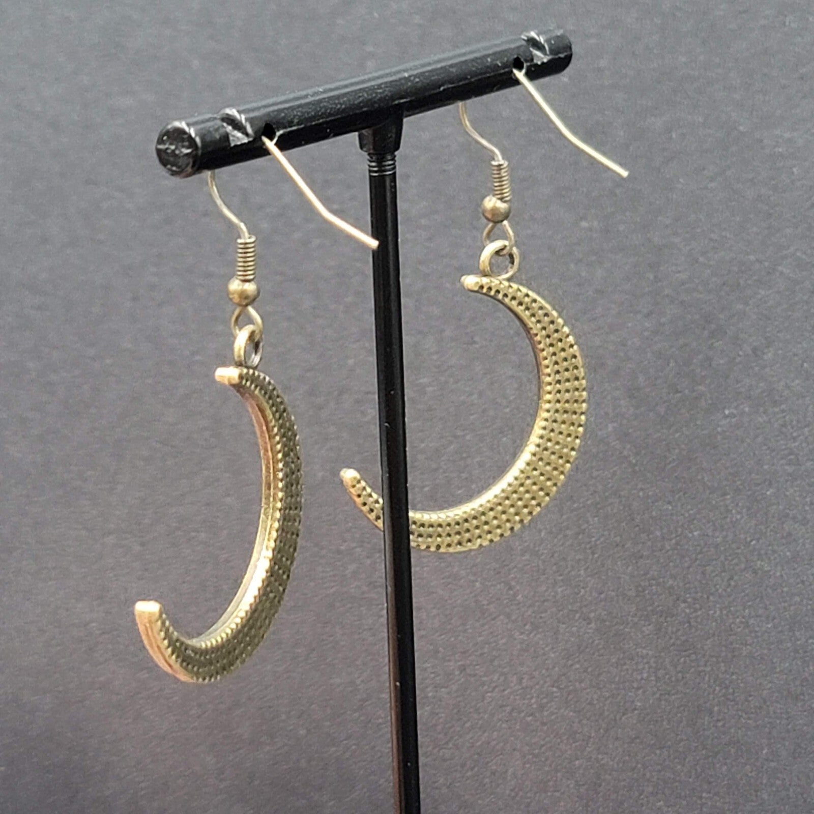 New Crescent Moon Pierced Earrings Embossed Pattern Bronze tone Dangle 1.25"