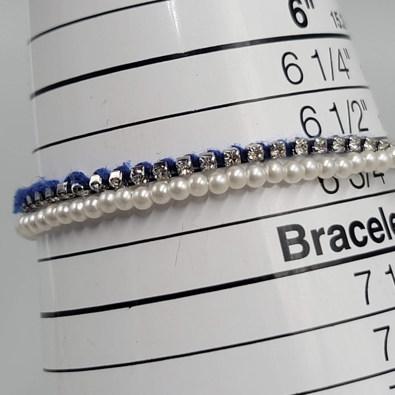 Ann Taylor Bracelet Blue White Bead Silver tone Rhinestone 6.5" - 7" - 7.5" Adj