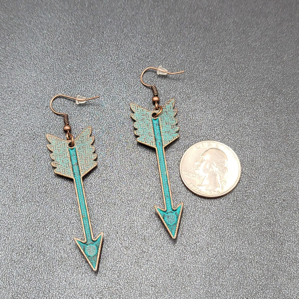 New Boho Pierced Earrings Copper tone Green Enamel Arrow Dangle 2.25"