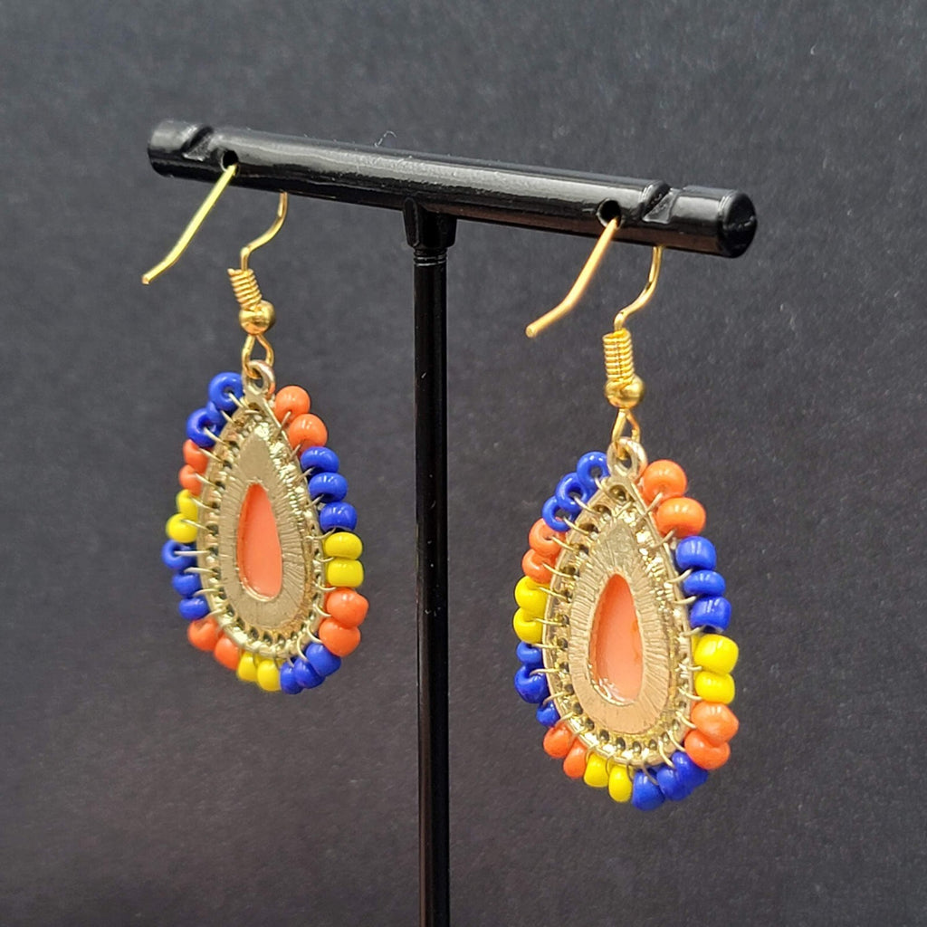 Pierced Earrings Gold tone Orange Teardrop Multicolor Beads 1 1/8"