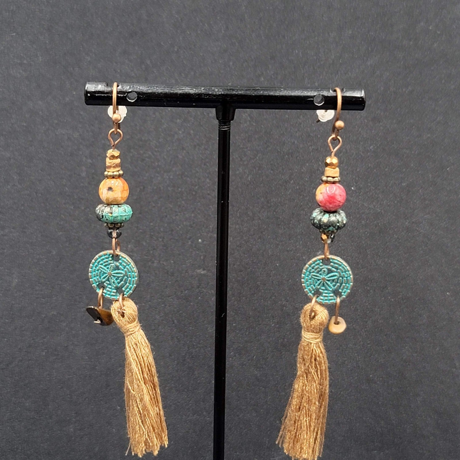 New Boho Pierced Earrings Long Copper tone Brown Tassel Beaded 3"