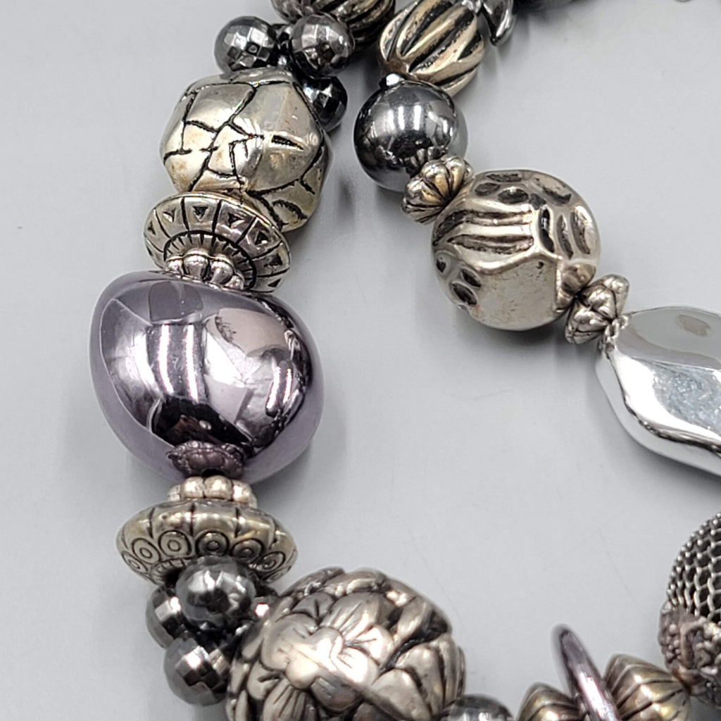 Large Statement Bead Necklace Silver toen Gray Black 16"-20"
