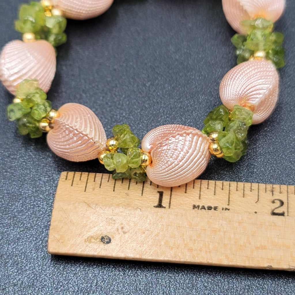 Real Seashell Bracelet Painted Pink Green Chip Gemstones Elastic  7"