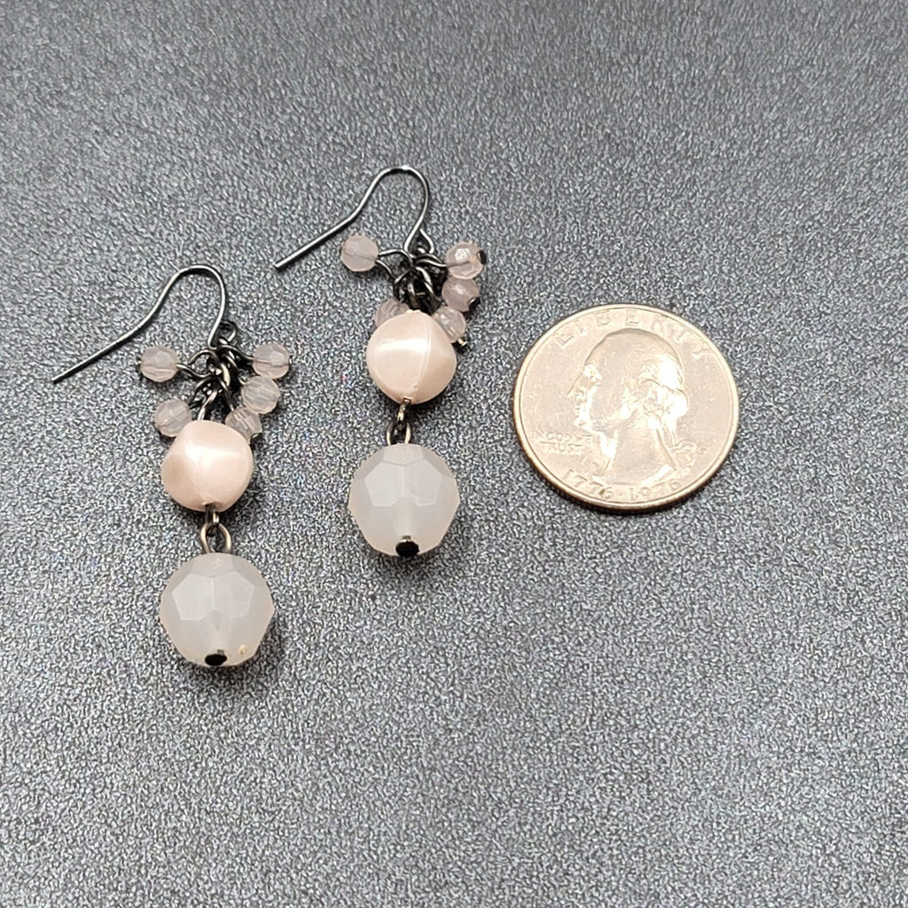 Pierced Earrings Black Metal Pale Pink Beads Dangle 1.5"