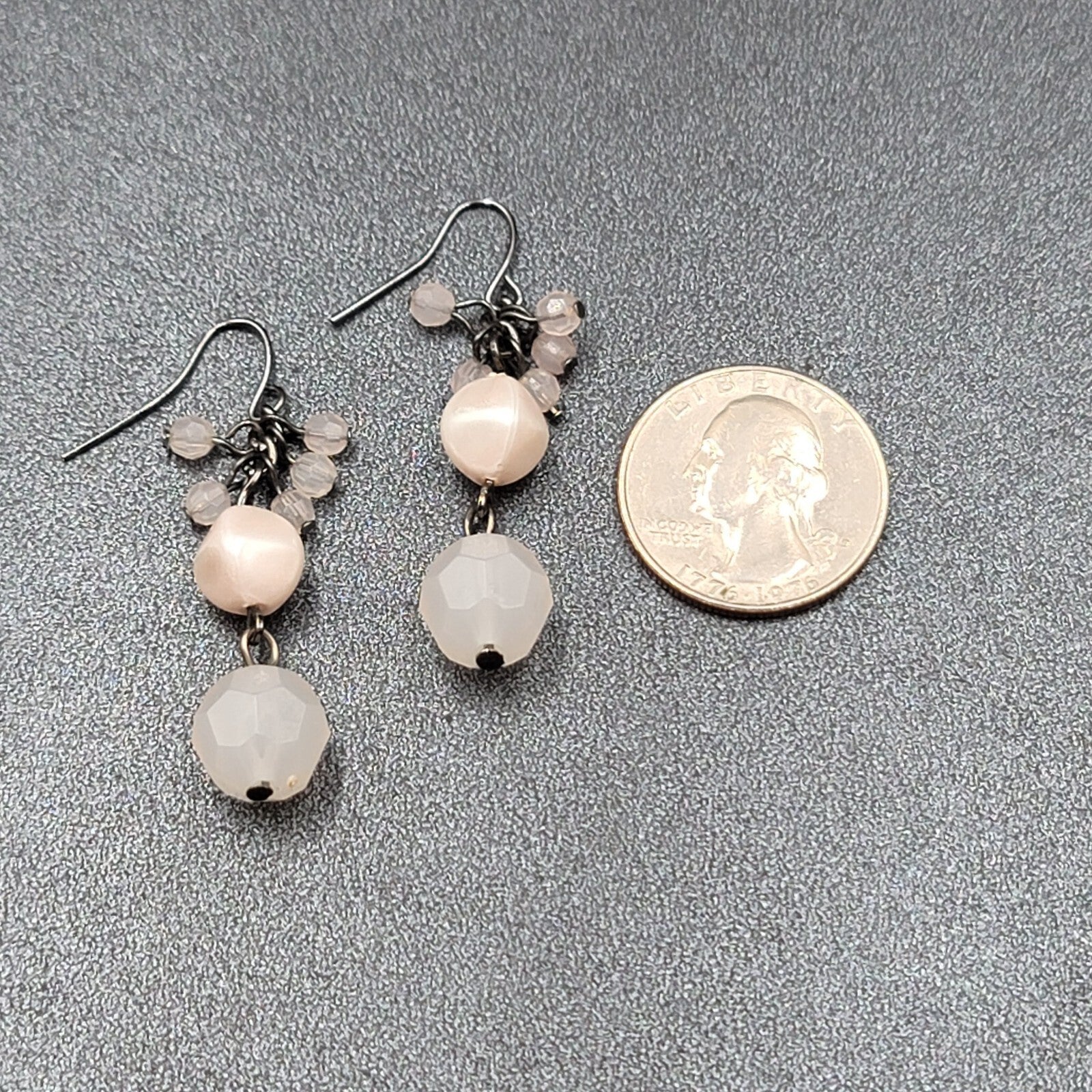 Pierced Earrings Black Metal Pale Pink Beads Dangle 1.5"