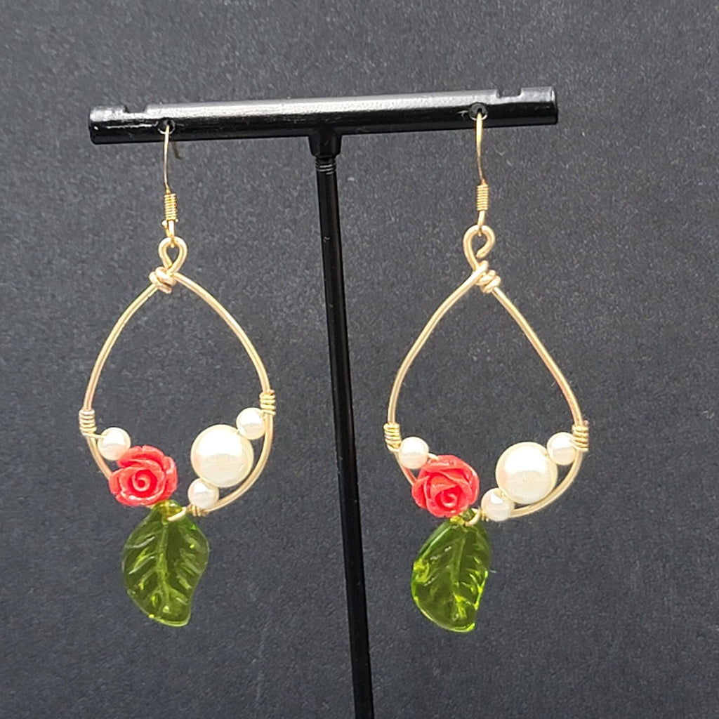 Pierced Earrings Gold tone Rose Leaf White Beads Dangle 2"