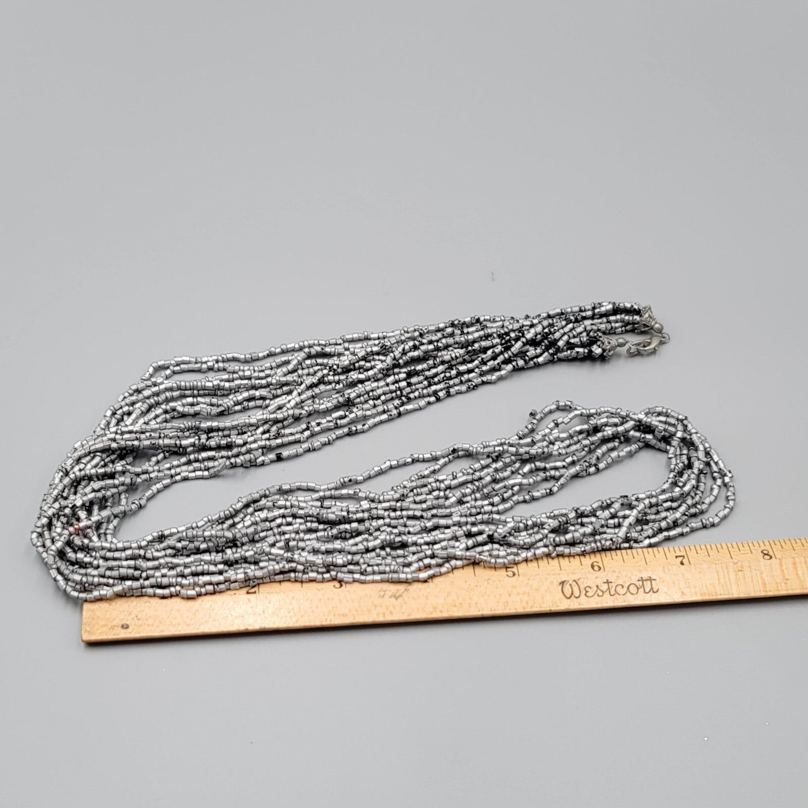 Multi Strand Bead Necklace Gray Silver Black Seed Bead 8 Strand LONG 36"