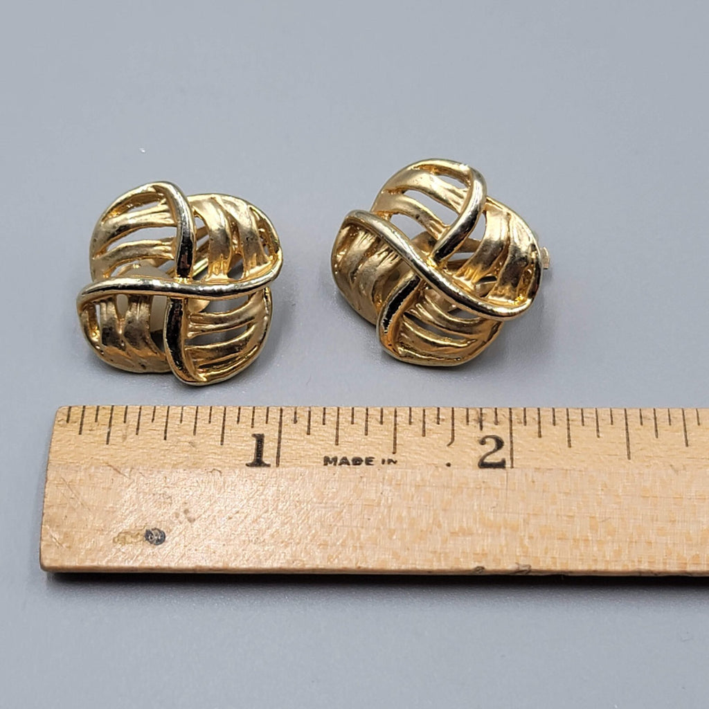 Vintage Open Work Clip on Earrings Gold tone Square 1"