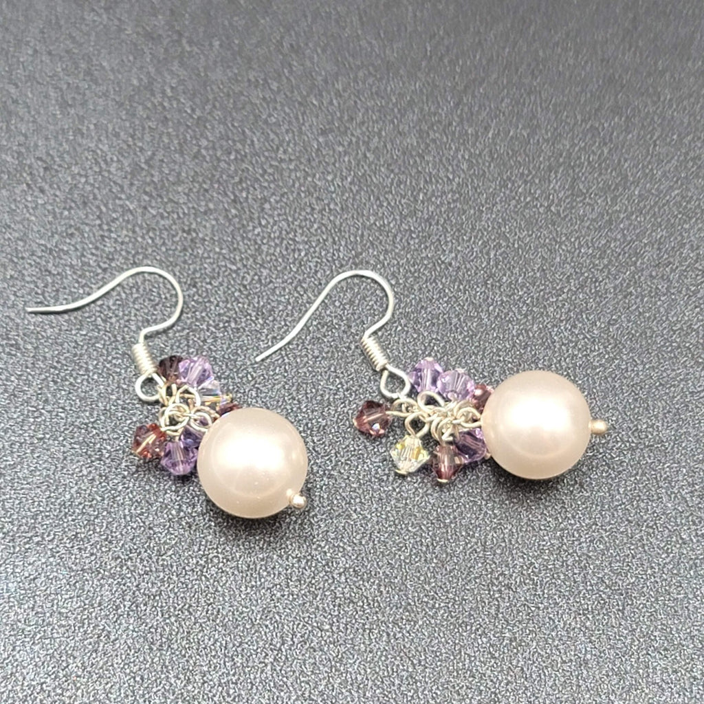 Pierced Earrings Purple Crystal Faux Pearl Beaded Dangle 1"