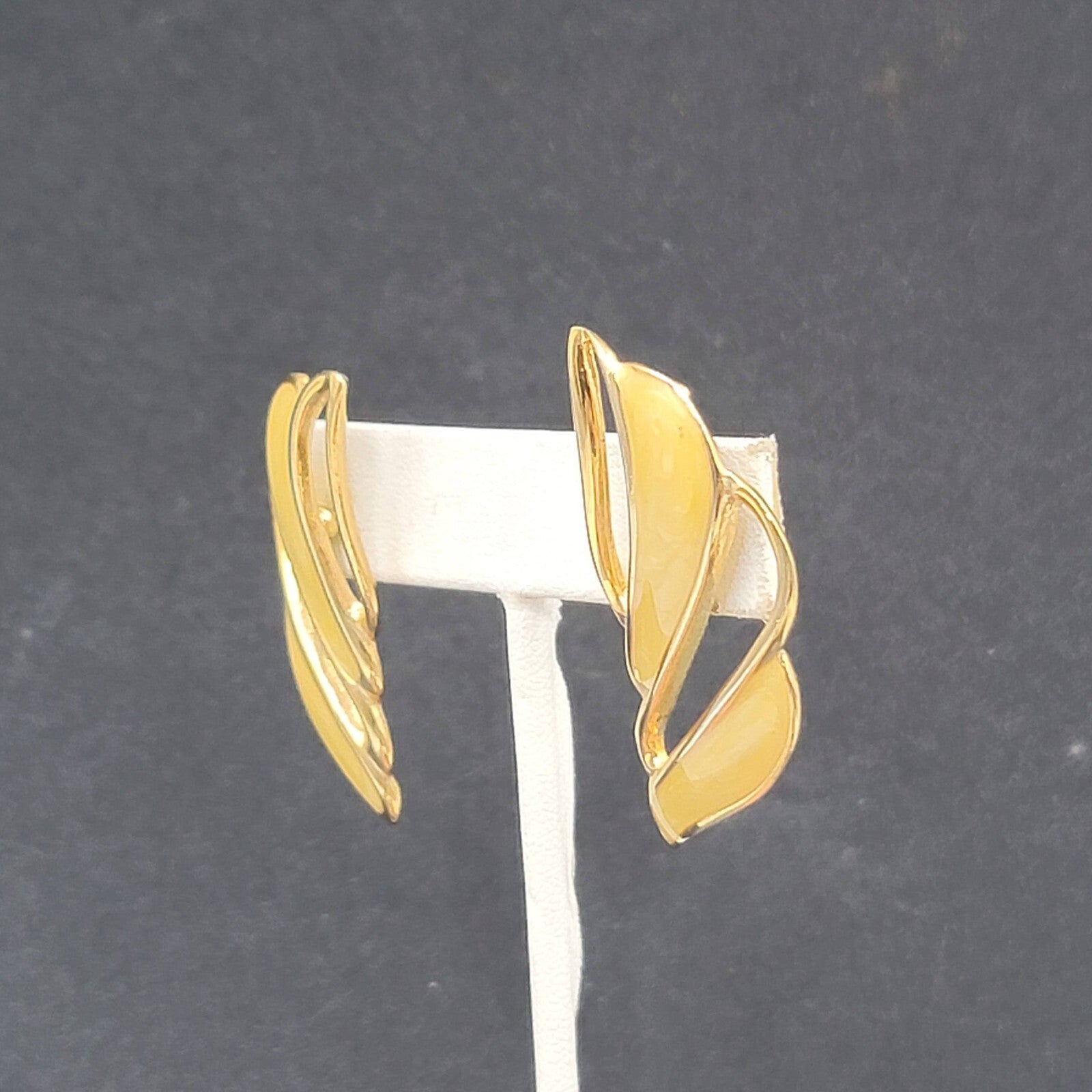 Vintage Pierced Earrings Gold tone Swirl Yellow Enamel Drop Statement 1.75"