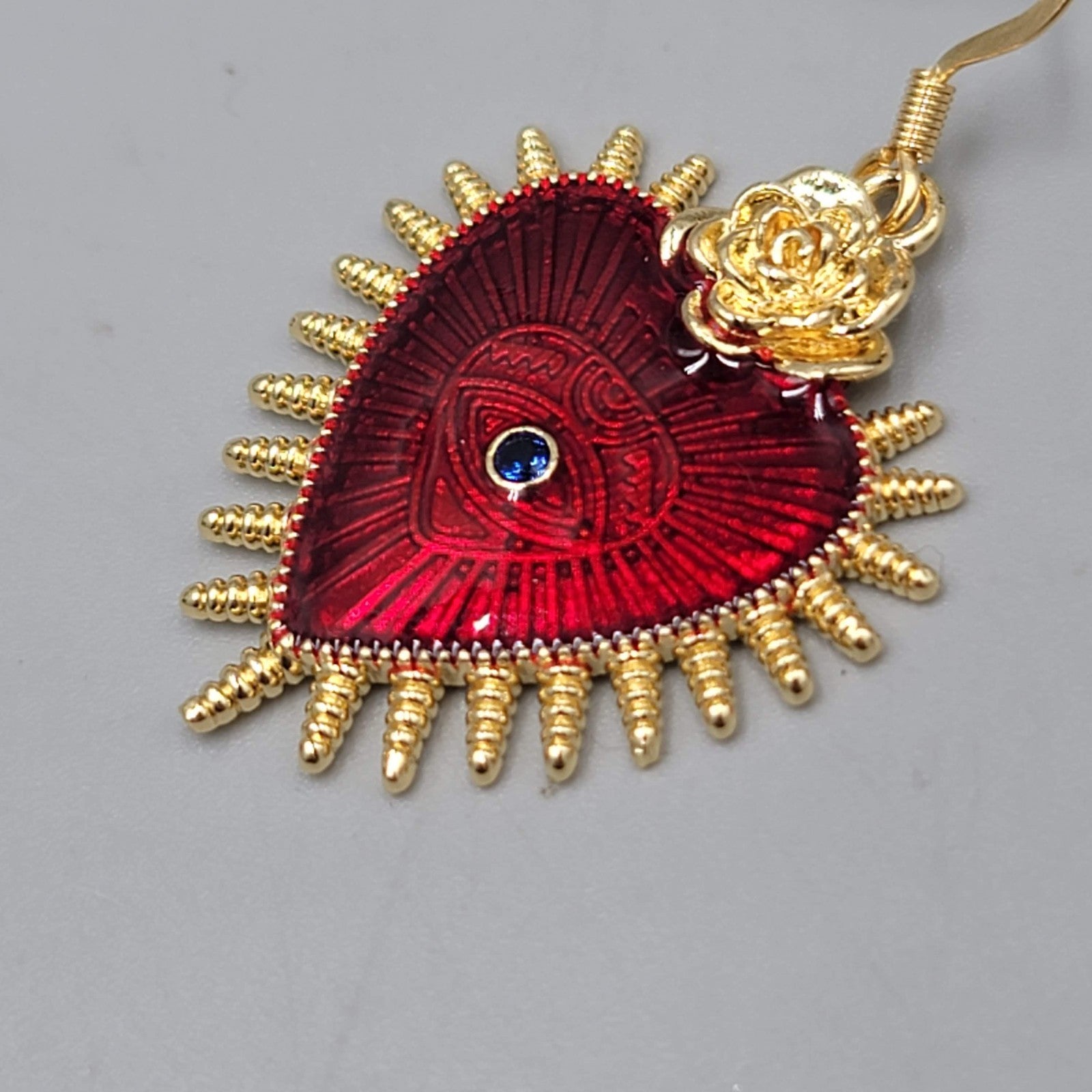 Evil Eye Red Guilloche Enamel Pierced Earrings Gold tone Dangle 1 1/8"