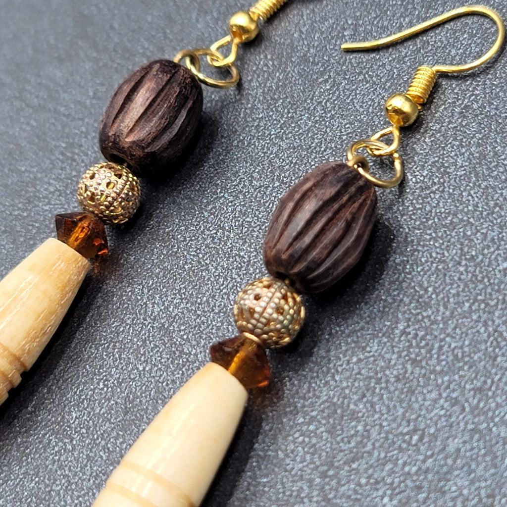 Pierced Earrings Gold tone Wood Hand Carved Beads Dangle 2"