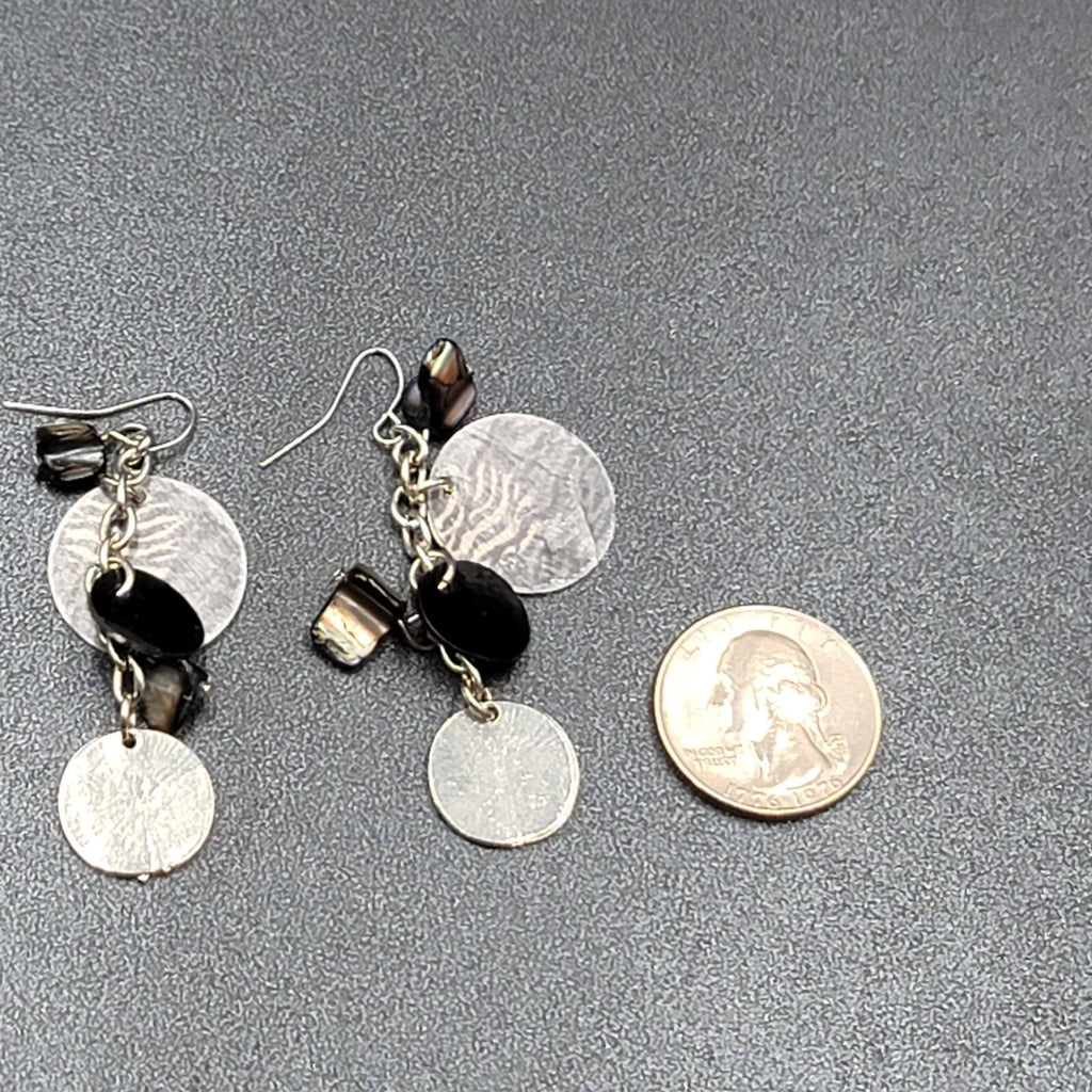 Pierced Earrings Silver tone Dangle Black Shell Beads 2"