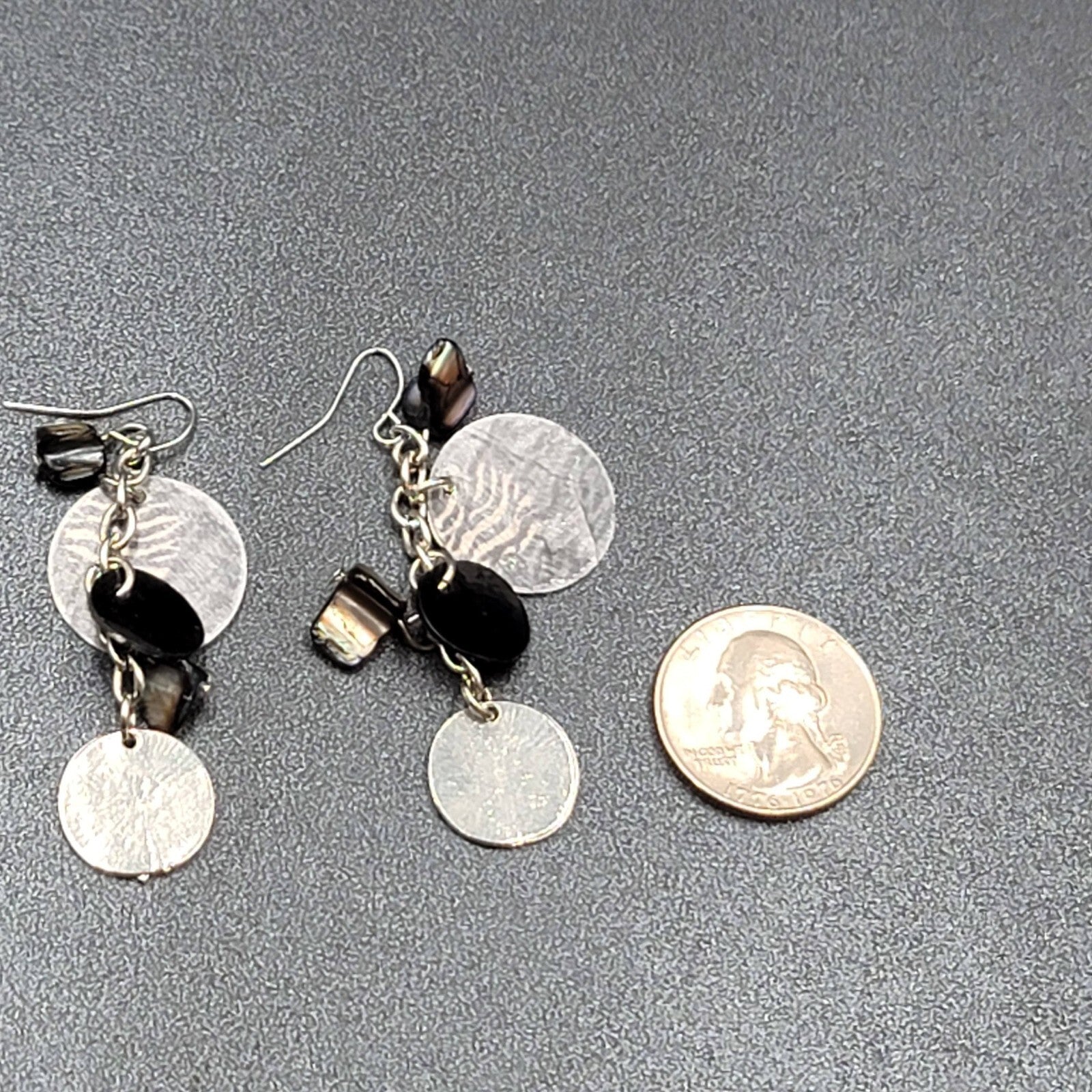 Pierced Earrings Silver tone Dangle Black Shell Beads 2"
