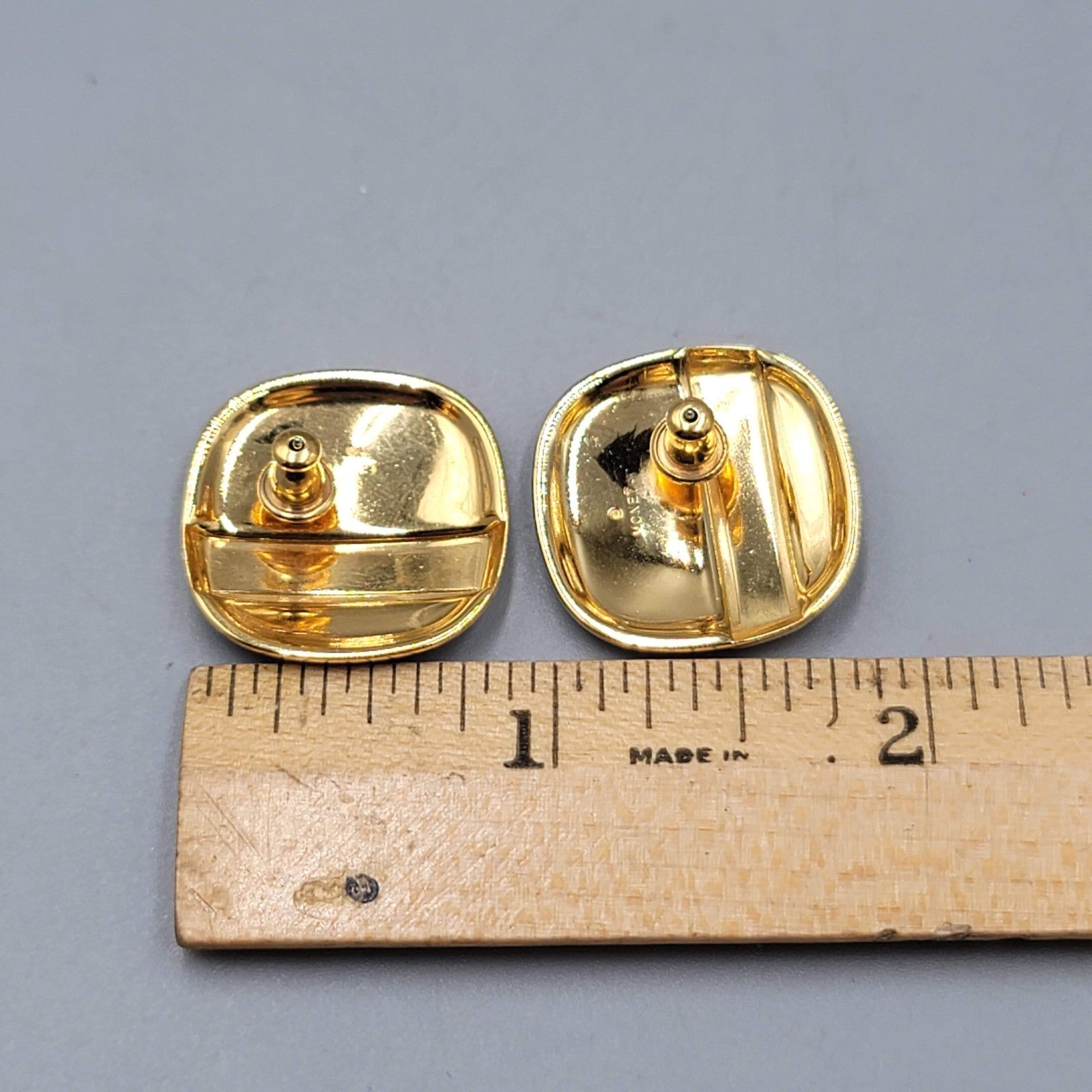 Vintage Monet Pierced Earrings Dark Navy Blue Enamel Gold Plated Square Drop 1"