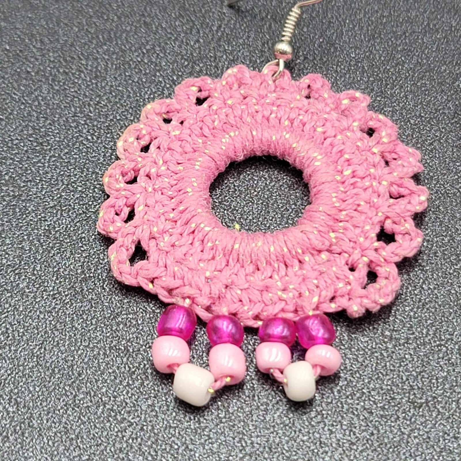 Pierced Earrings Pink Crochet Bead Dangle 1 7/8"