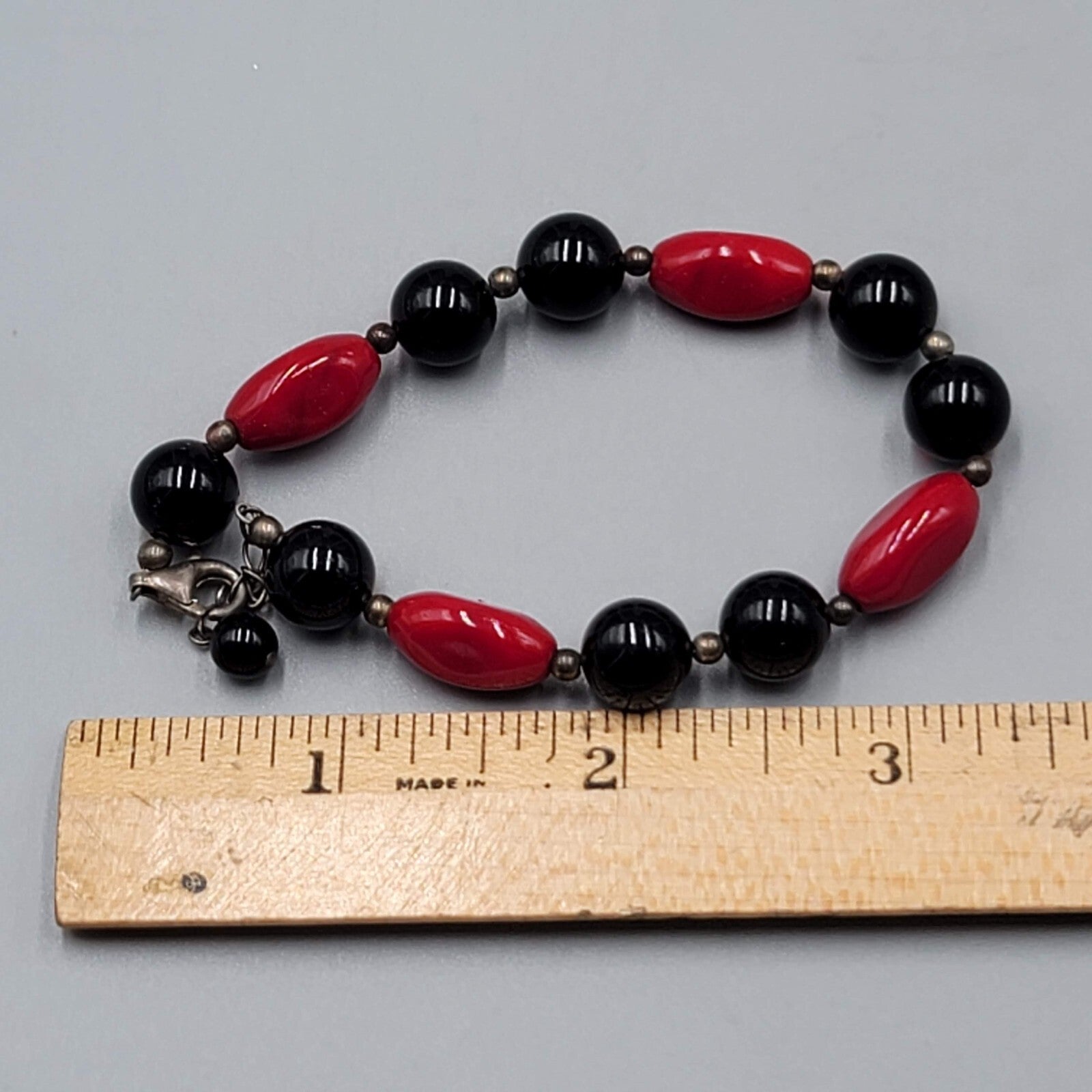 Black and Red Glass Bead Bracelet Sterling Silver 6.5" - 7.5"