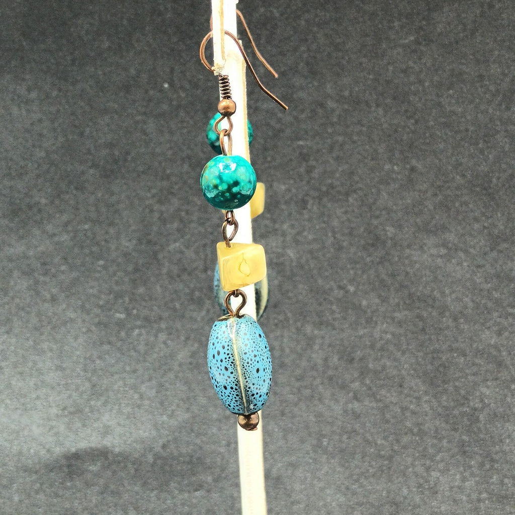 Pierced Earrings Blue Green Art Pottery Beaded Statement Dangle 2"