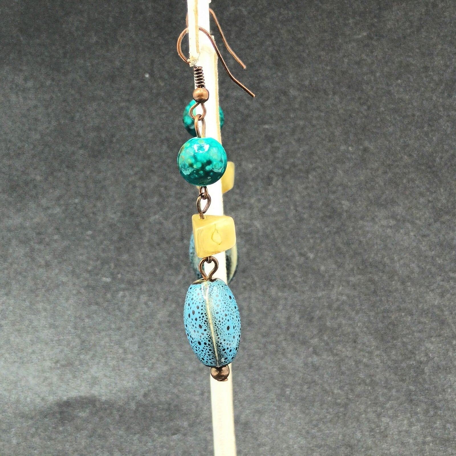 Pierced Earrings Blue Green Art Pottery Beaded Statement Dangle 2"