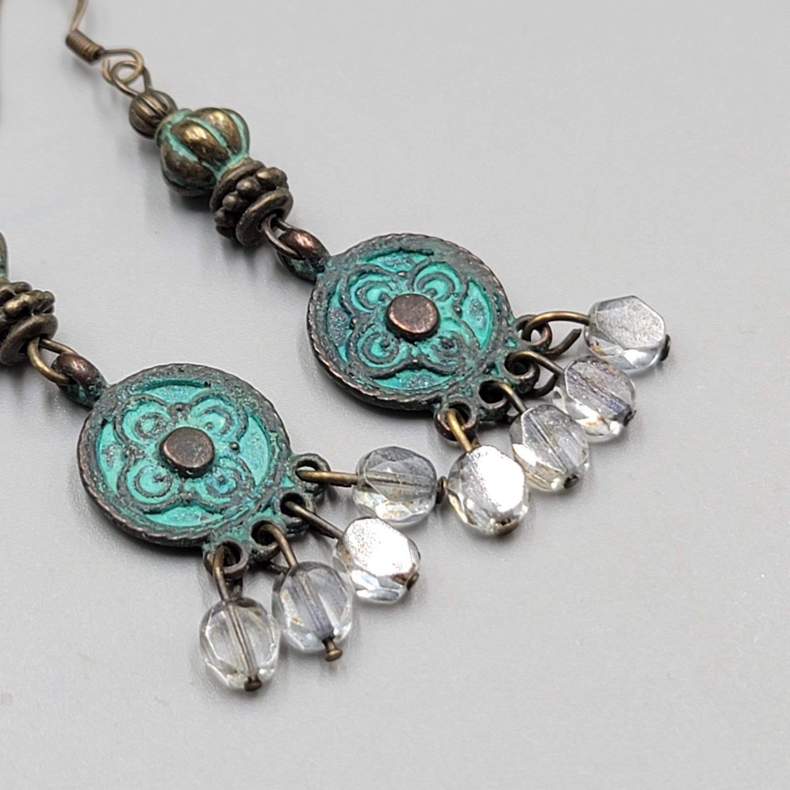 Green Bronze tone Chandelier Dangle Pierced Earrings 2"