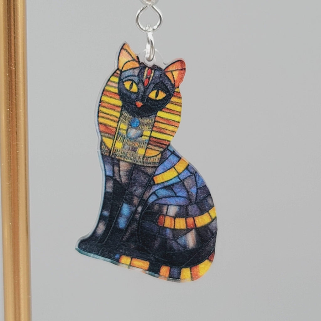 Egyptian Kitty Cat Pierced Earrings Mosiac Look Acrylic Dangle 1 3/8"