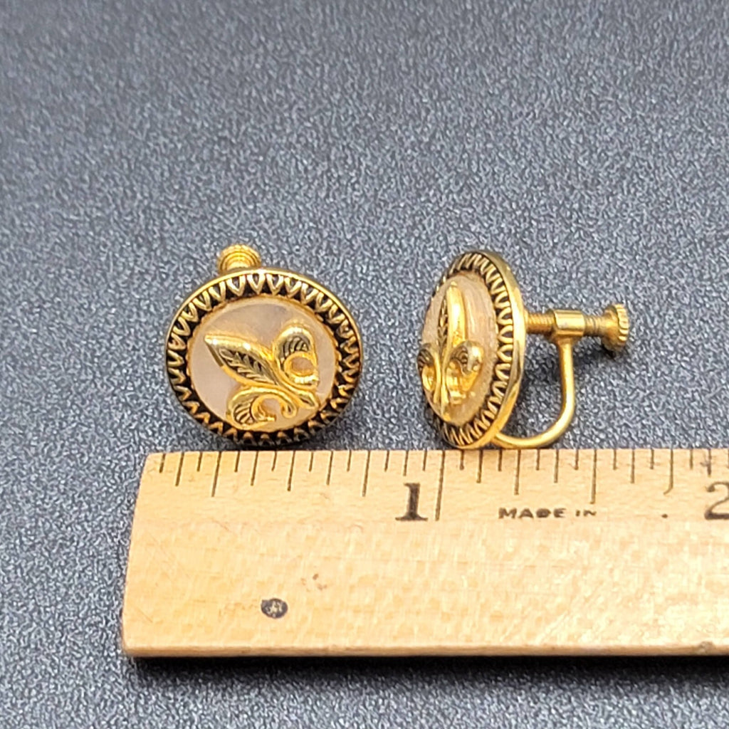 Vintage Clip on Earrings Gold tone Fleur Di Lis Mother of Pearl 5/8" Screw Back
