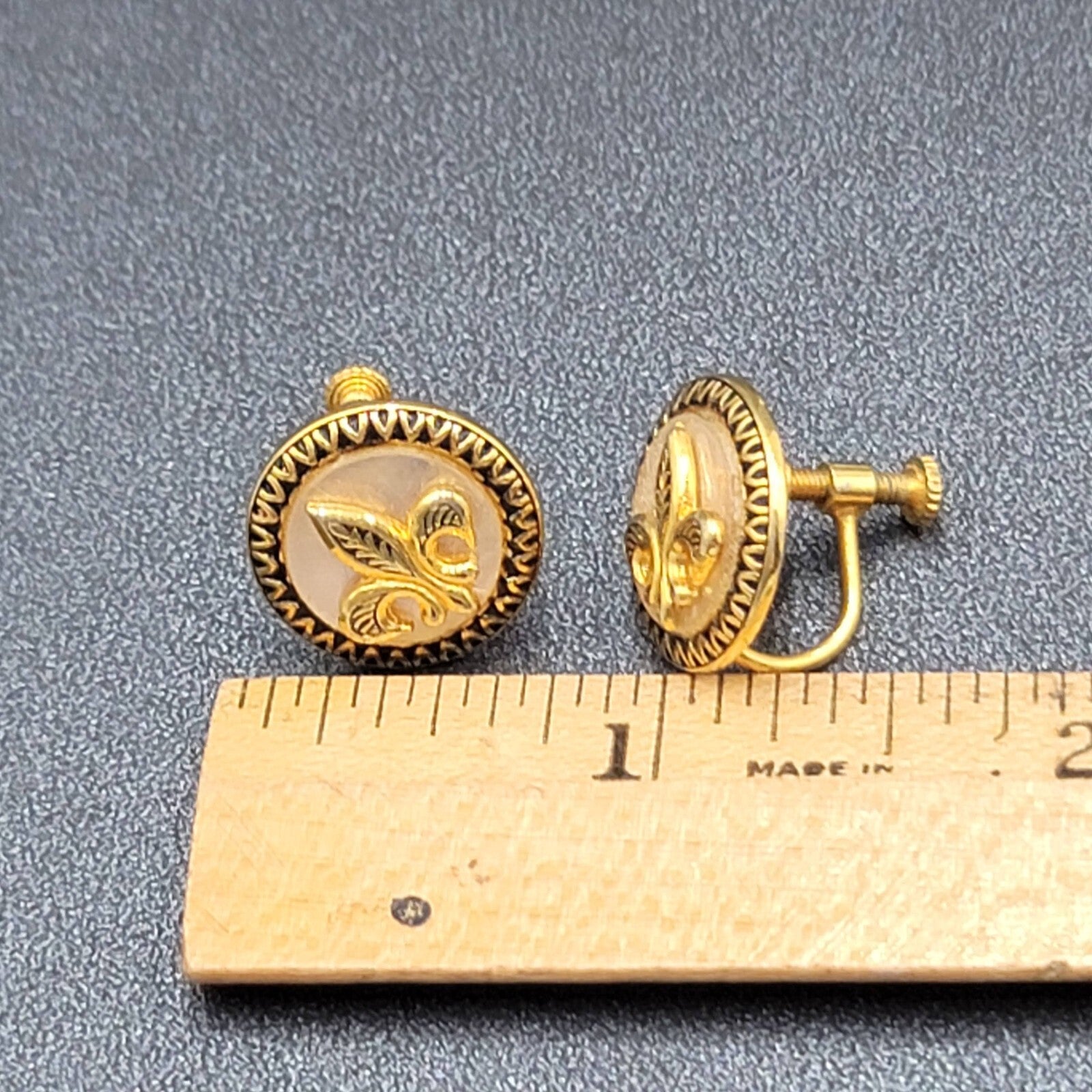 Vintage Clip on Earrings Gold tone Fleur Di Lis Mother of Pearl 5/8" Screw Back