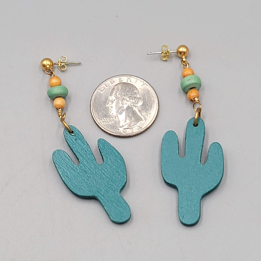 Vintage Wood Cactus Pierced Earrings Bead Dangle 2.75"