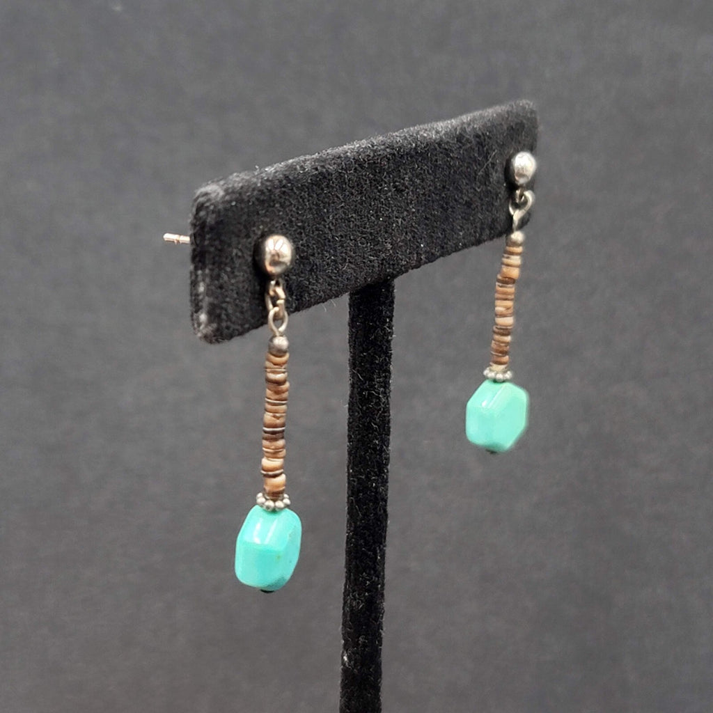 Pierced Earrings Heishi Shell Turquoise Bead Dangle 1.25"