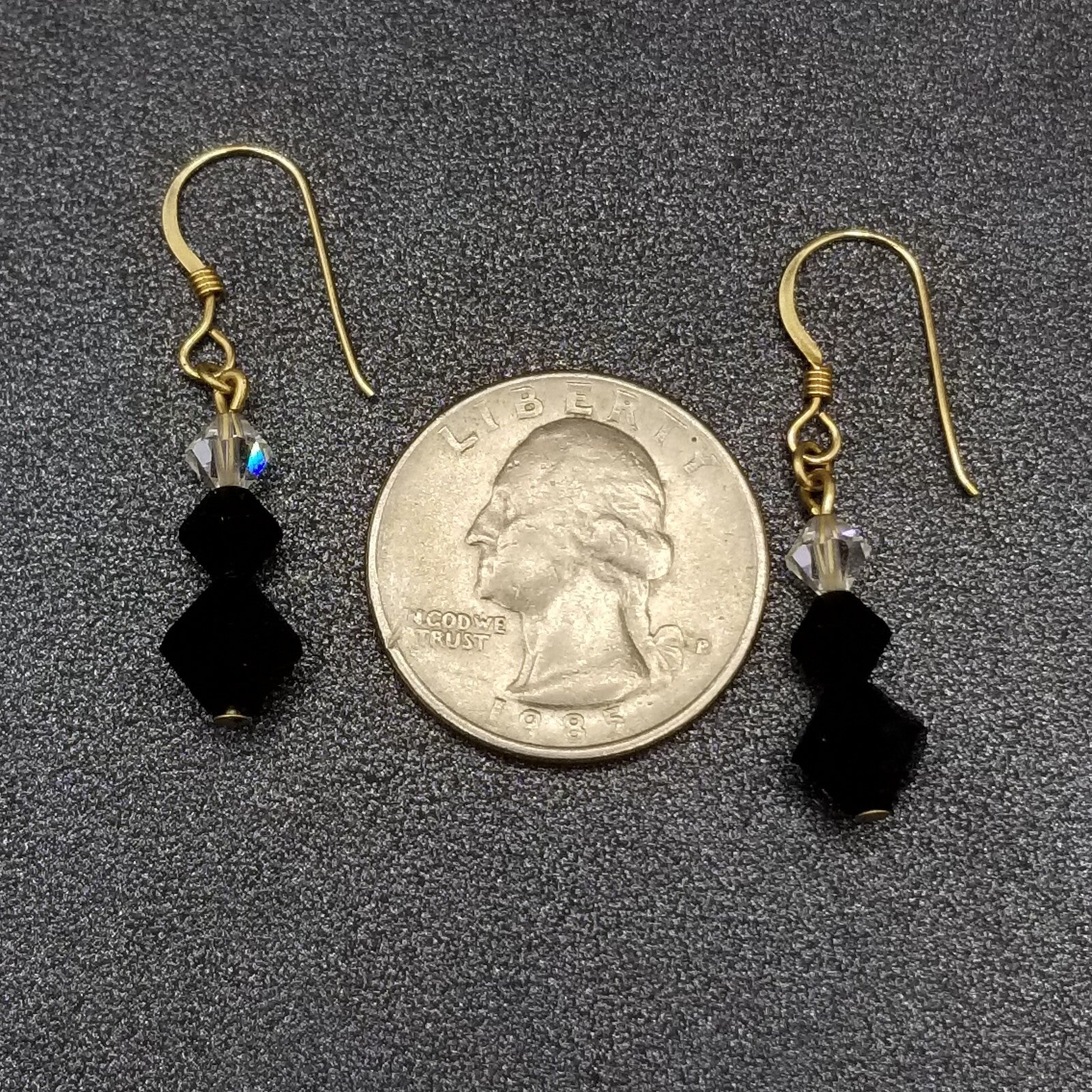 Pierced Earrings Gold tone Black Faceted Crystal Beaded Dangle 3/4"