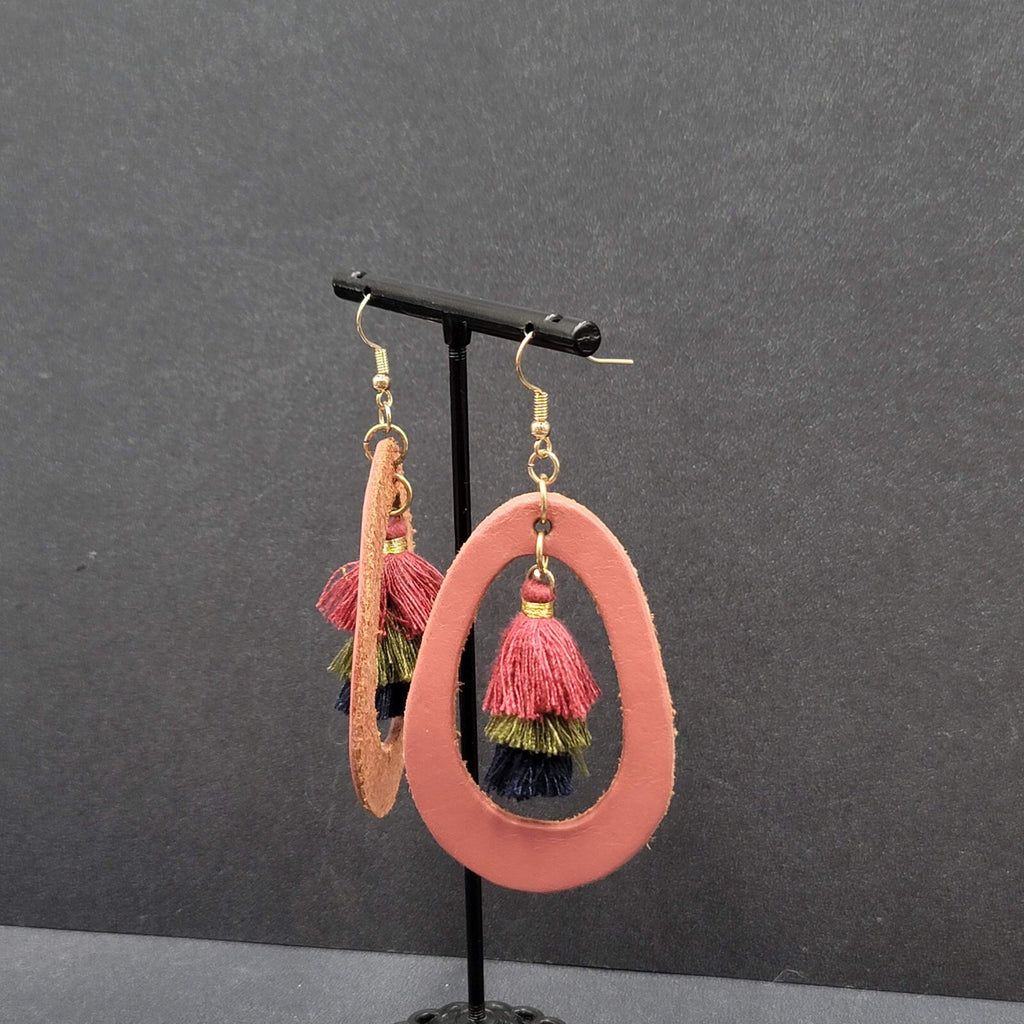 Pierced Earrings Dusty Rose Pink Leather Teardrop Tassel Boho Art  2.5"