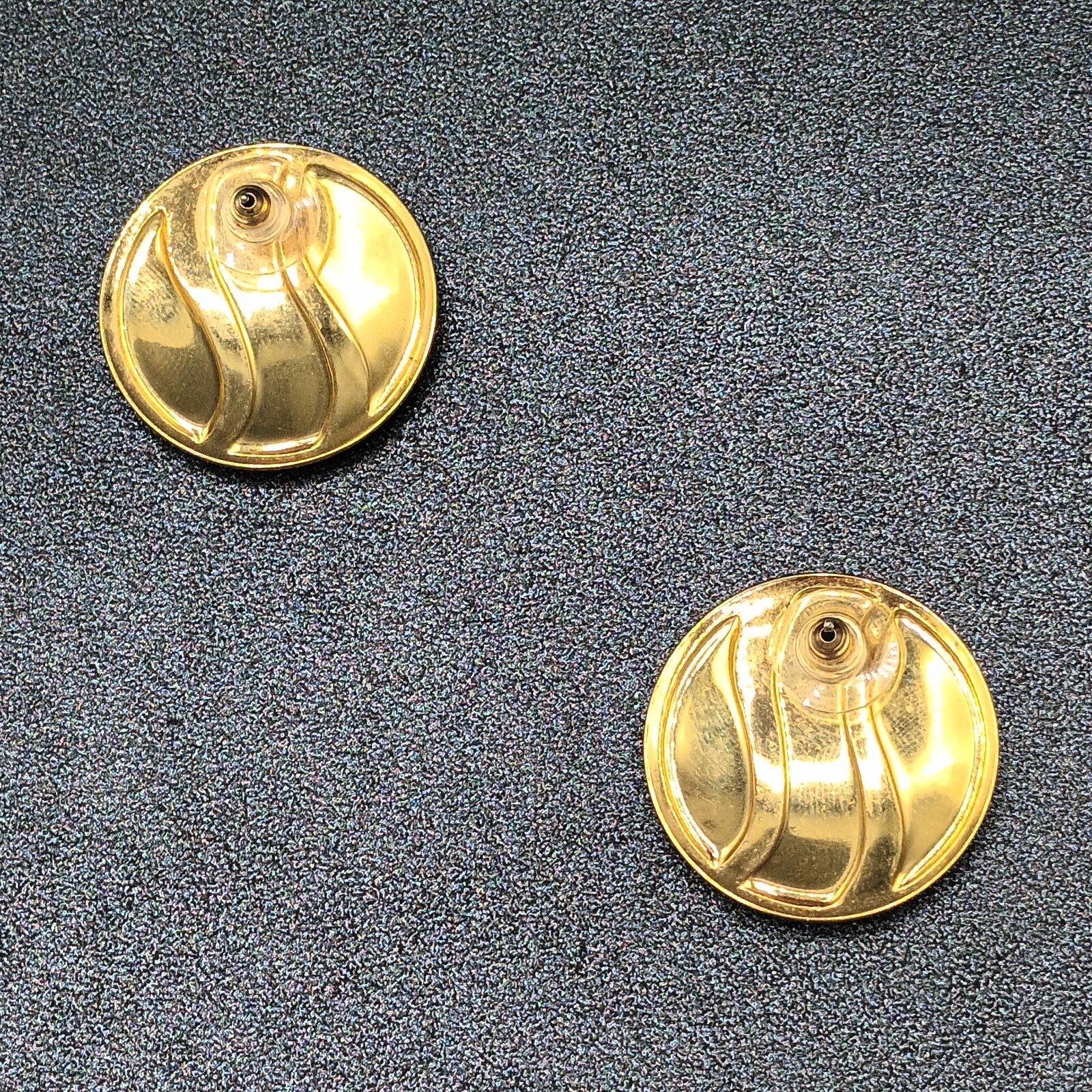 Vintage Pierced Earrings Polished Gold tone Blue Glitter Enamel Drop 1 1/8"