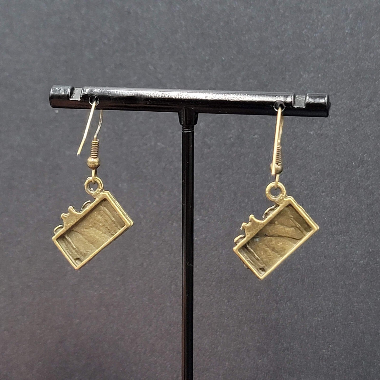 New Rhinestone Camera Pierced Earrings Bronze tone Dangle 3/4"