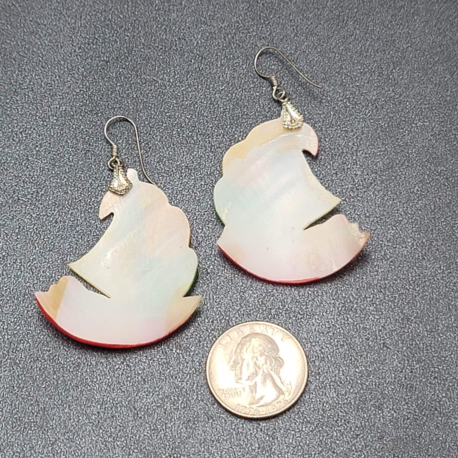 Vintage Sailboat Pierced Earrings Hand Painted Mother of Pearl Carved Shell 2"