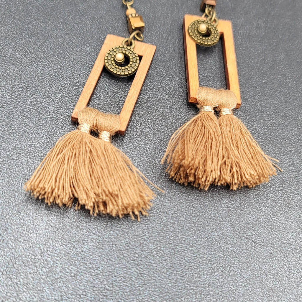 Tassel Pierced Earrings Bronze tone Wood Rectangle Dangle 2.5"
