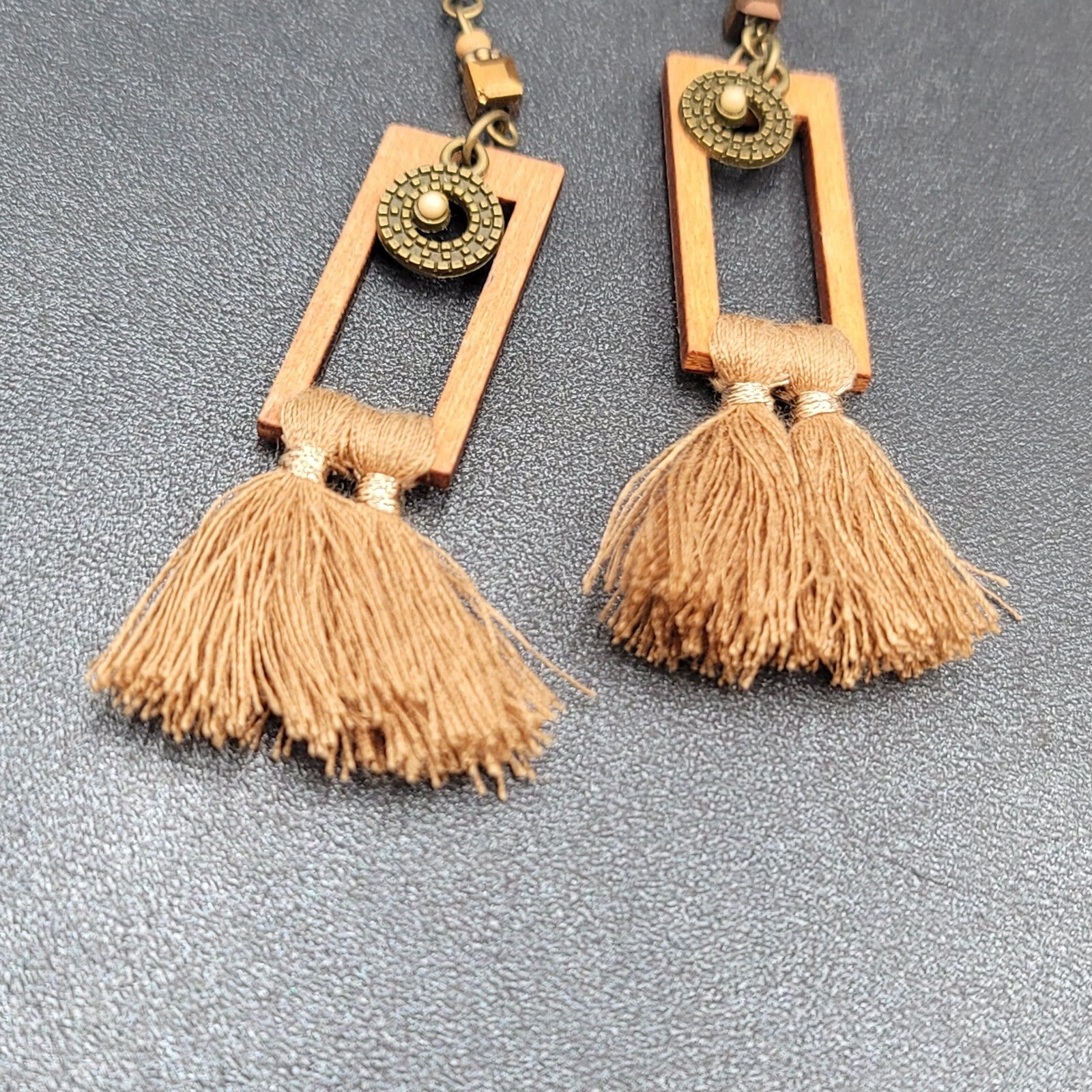 Tassel Pierced Earrings Bronze tone Wood Rectangle Dangle 2.5"