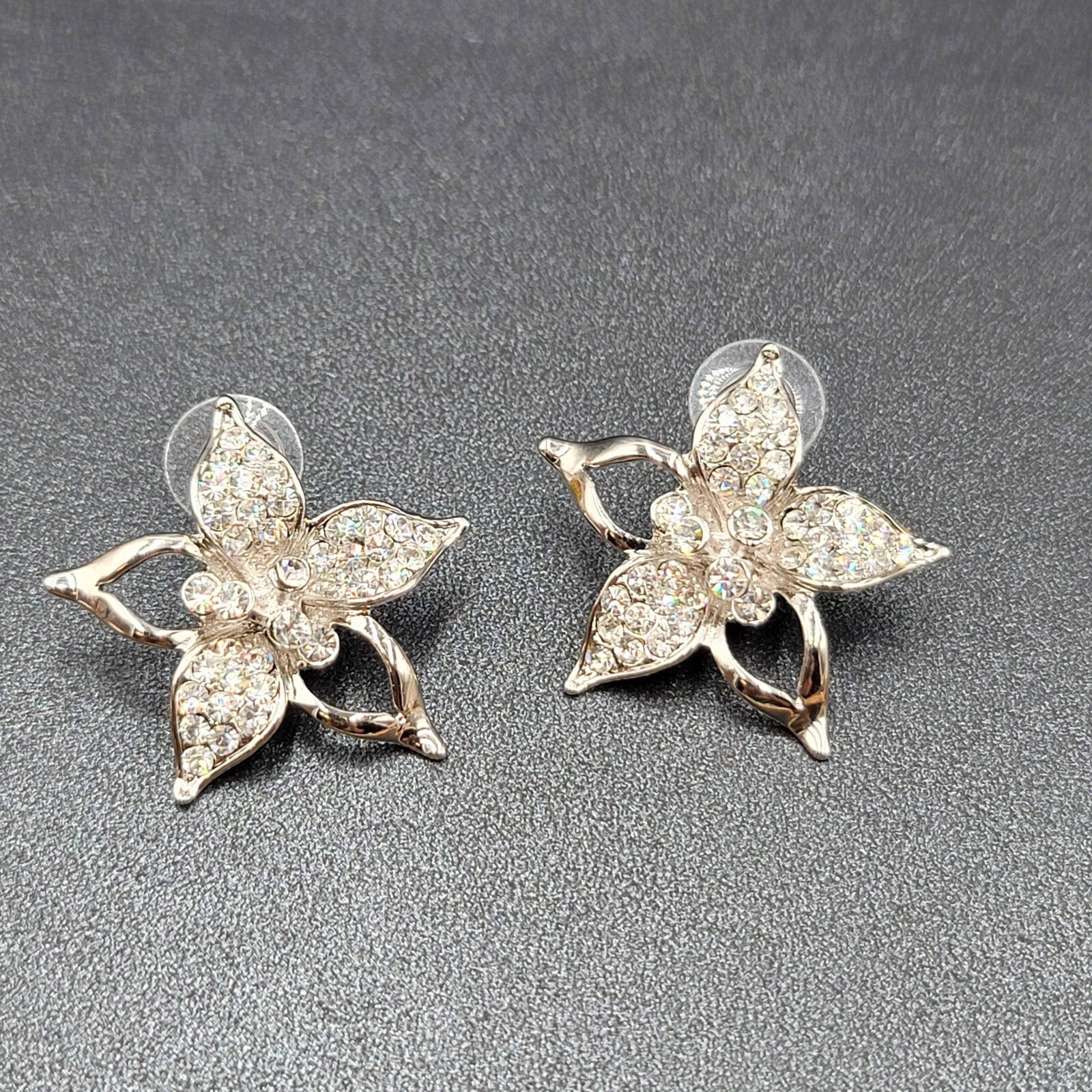 Pierced Earrings Silver Plated Crystal Rhinestone Drop Flower Signed 1 3/8"