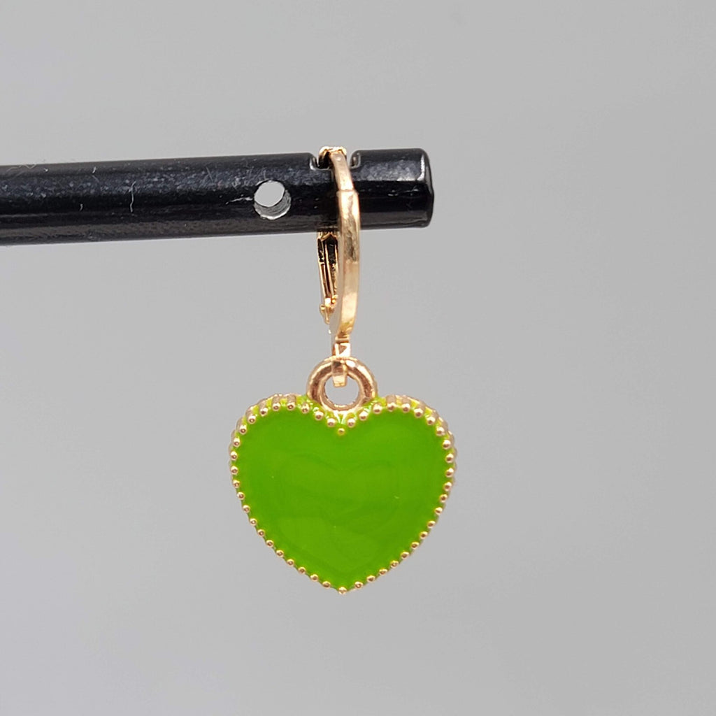 Green Enamel Heart Pierced Earrings Gold tone Huggie Hoops Dangle 5/8"