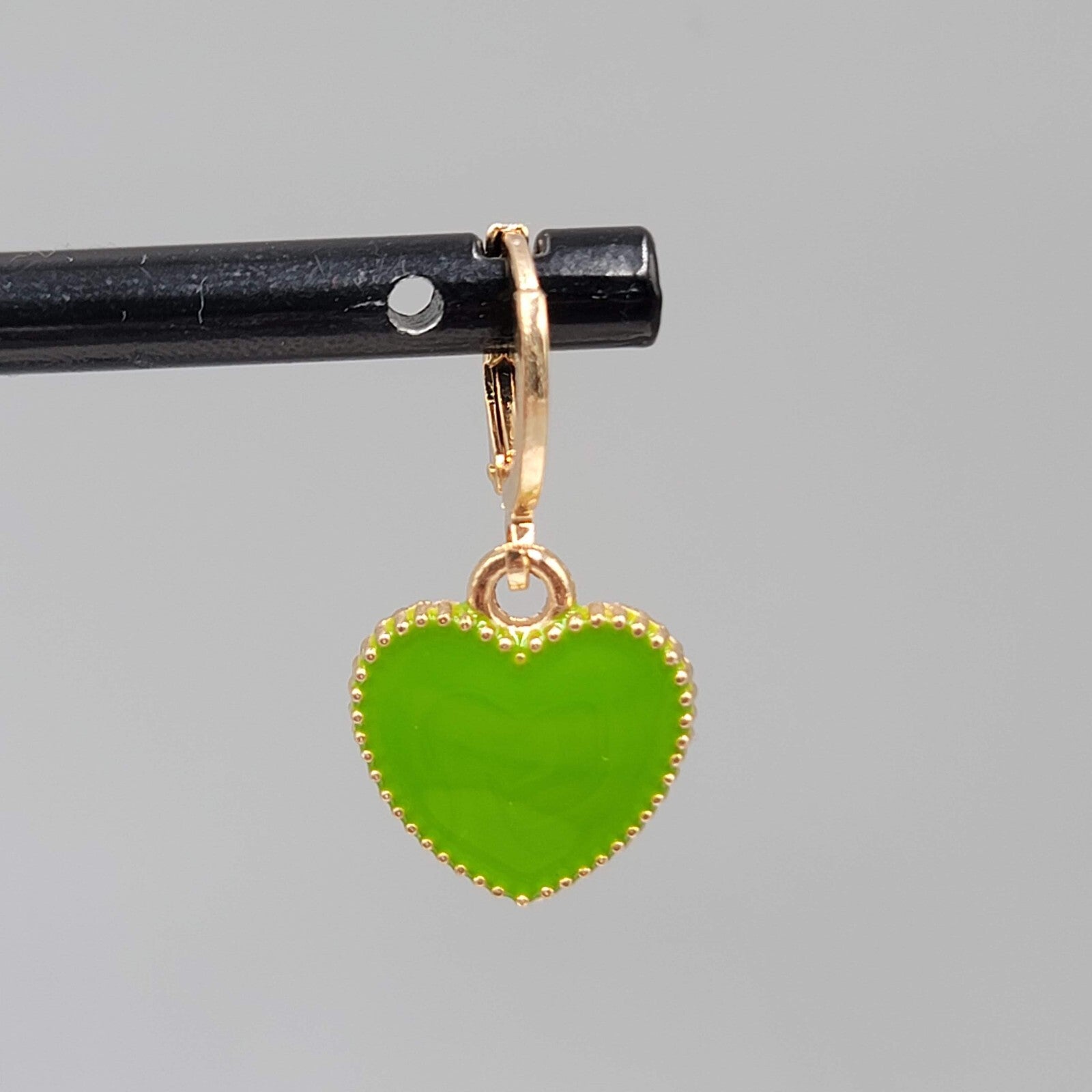 Green Enamel Heart Pierced Earrings Gold tone Huggie Hoops Dangle 5/8"