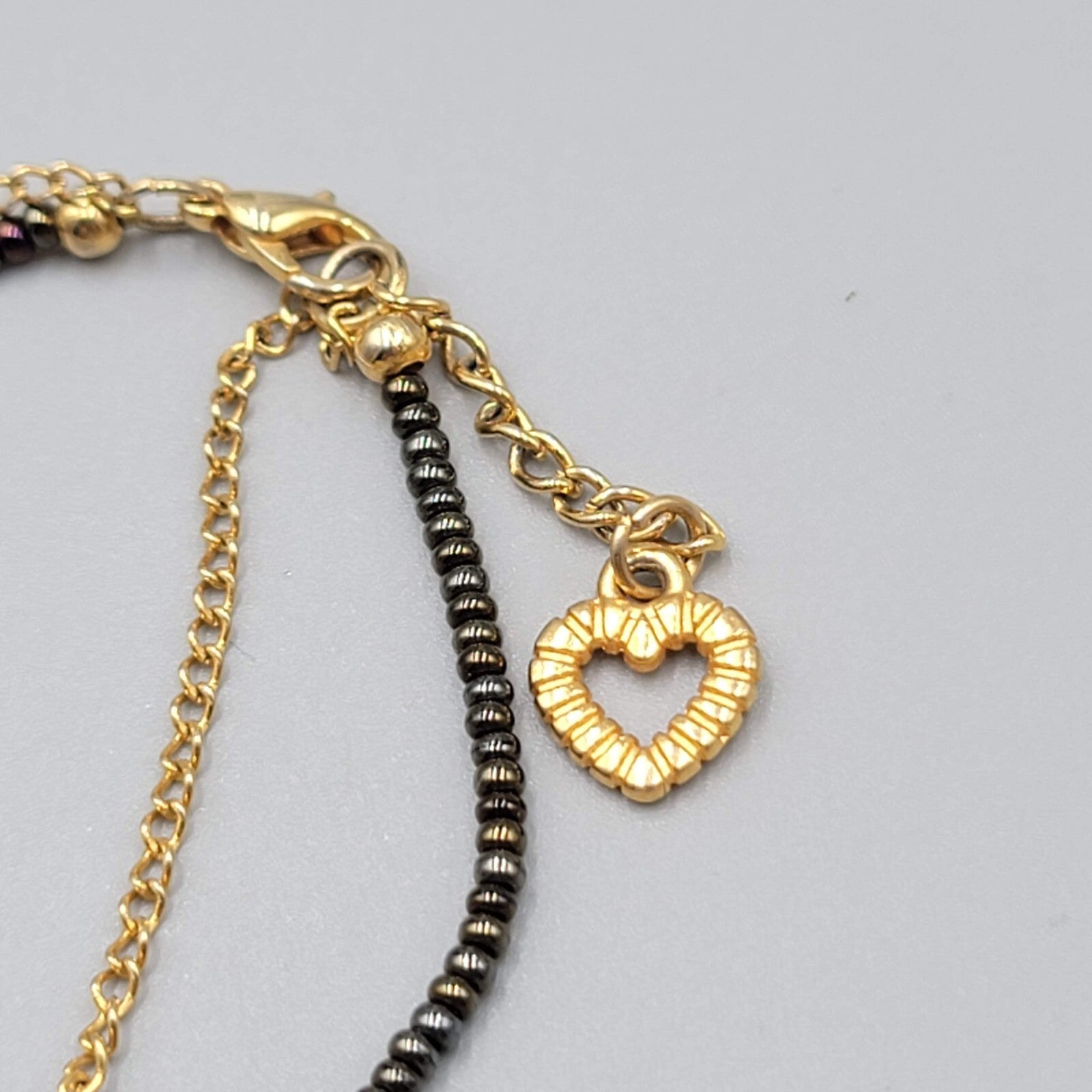 Dainty Heart Charm Bracelet Black and Gold tone Seed Beads Adjustable