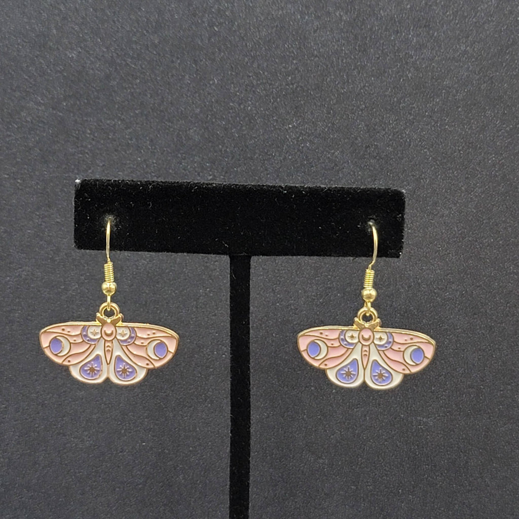 Moth Pierced Earrings Gold tone Pink Purple White Enamel Dangle 5/8"