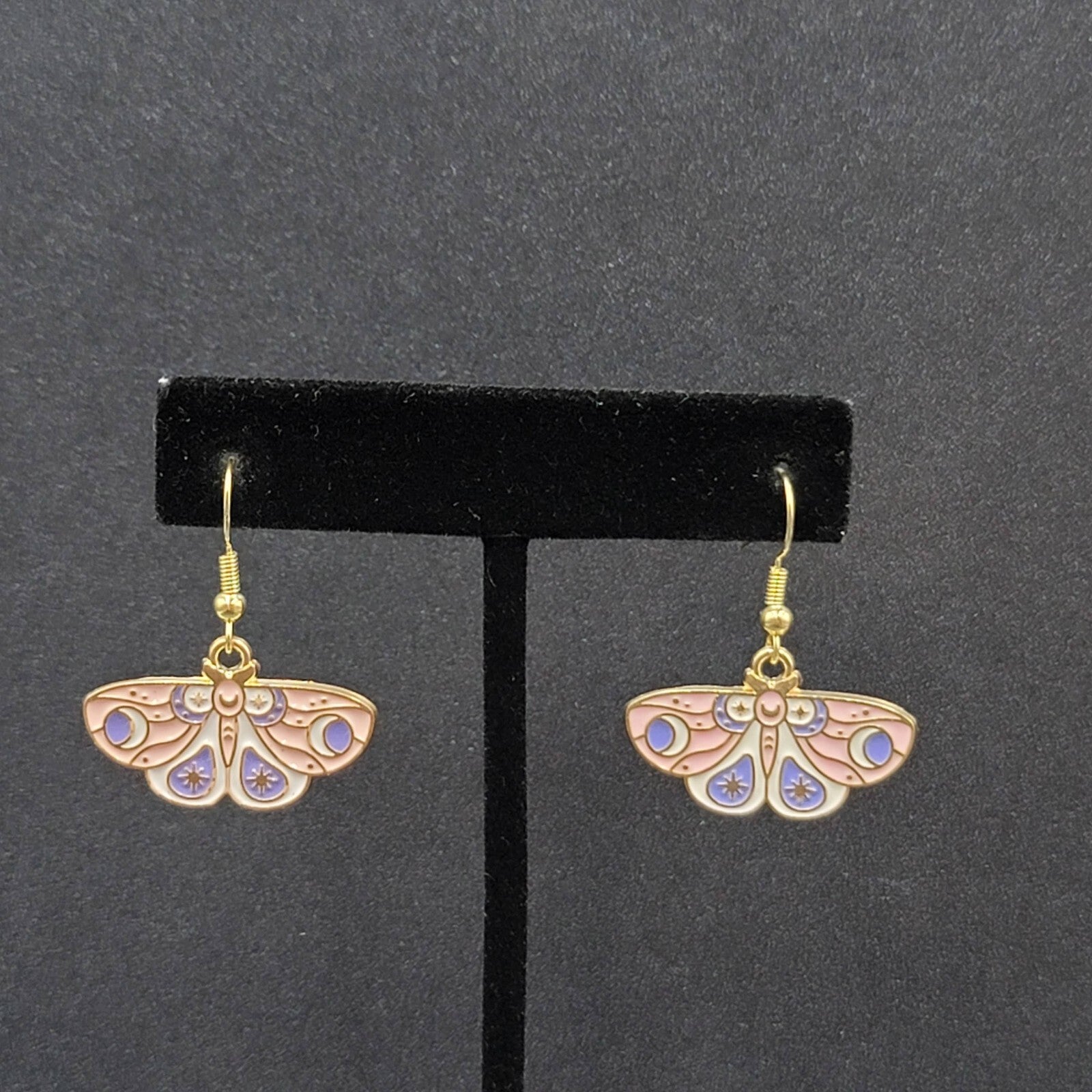 Moth Pierced Earrings Gold tone Pink Purple White Enamel Dangle 5/8"