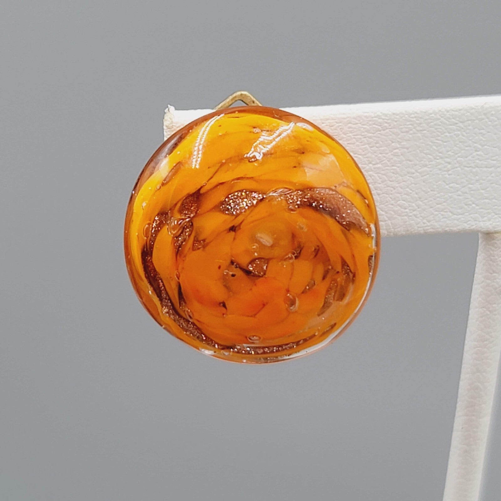 Vintage Italian Art Glass Clip on Earrings Orange Gold Flecks Round 7/8"