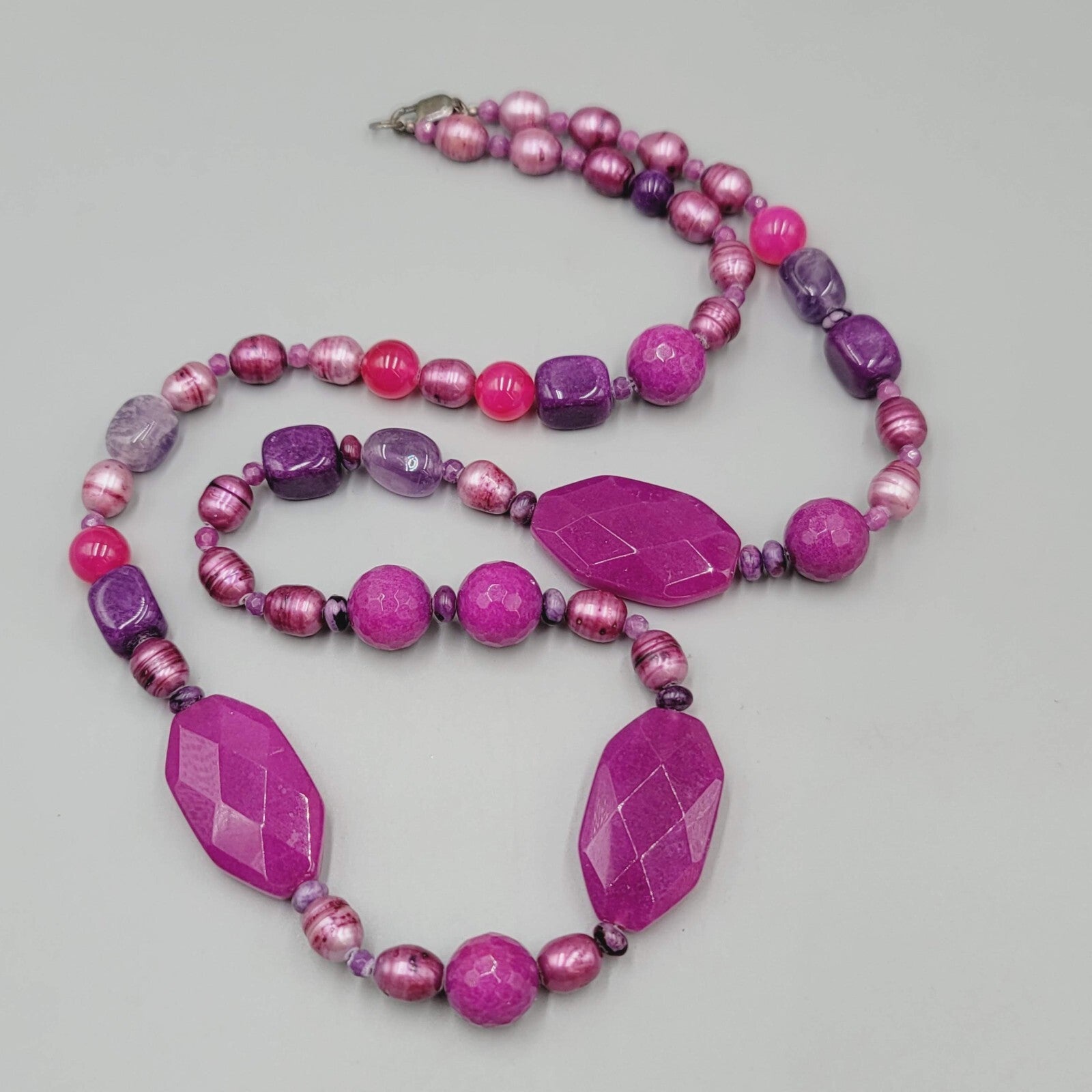Purple Gemstone Bead Necklace Pearl Amethyst 30"