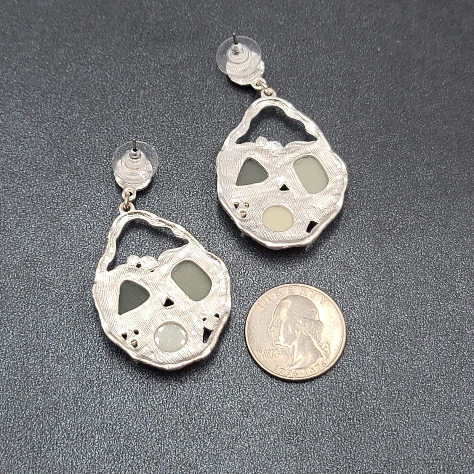 Pierced Earrings Silver tone Green Acrylic Rhinestone Statement Dangle 2.25"