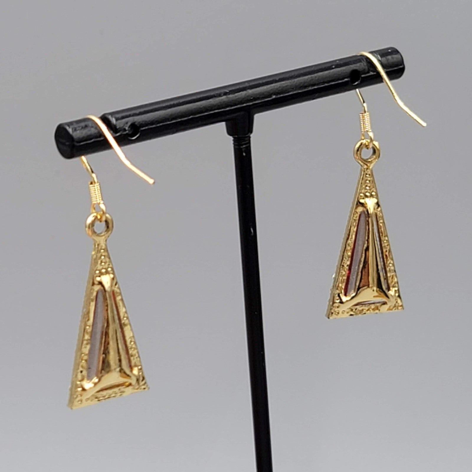 Red Rhinestone Triangle Pierced Earrings Gold tone Dangle 7/8"